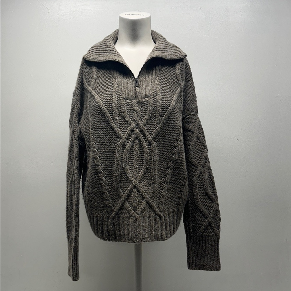 Skull Cashmere Zip Polo Sweater Knit Long Sleeve Top Wool Alpaca Brown Medium
